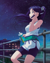 1girl artbook bike_shorts bottle breasts hair_ribbon highres holding holding_bottle long_hair love_live! love_live!_sunshine!! matsuura_kanan night night_sky non-web_source official_art open_mouth outdoors ponytail purple_eyes purple_hair railing ribbon shorts sky sleeveless solo star_(sky) starry_sky tank_top water_bottle white_ribbon