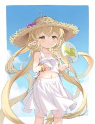 1girl blonde_hair blue_sky camisole commentary_request flat_chest granblue_fantasy green_eyes hand_fan harvin hat highres hot long_hair m-eine melissabelle navel outdoors pointy_ears skirt sky solo straw_hat sunlight sweat very_long_hair white_skirt