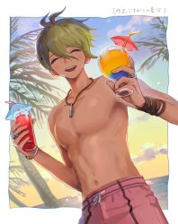 1boy :d amami_rantaro antenna_hair closed_eyes collarbone cup danganronpa_(series) danganronpa_v3:_killing_harmony green_hair hair_between_eyes highres holding holding_cup jewelry male_focus male_swimwear navel necklace nrki open_mouth palm_tree pink_male_swimwear ring short_hair smile solo teeth topless_male tree upper_body upper_teeth_only