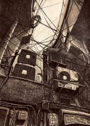 air_conditioner cable day drainpipe electric_panel graphite_(medium) greyscale highres ibsukionsen light monochrome no_humans original power_lines scenery sign sky traditional_media ventilation_shaft white_sky