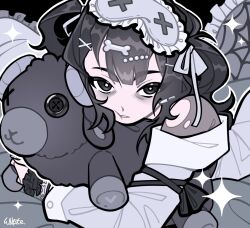 Rule 34 | bags under eyes, beads, black background, black bow, black eyes, black hair, black jacket, black wrist cuffs, blunt bangs, bodysuit, bodysuit under clothes, bone hair ornament, bow, bright pupils, buttons, cheek squash, collared jacket, commission, expressionless, eyes visible through hair, frilled wrist cuffs, frills, grey bodysuit, grey mask, grey ribbon, grey skirt, grey sleeves, grey theme, hair beads, hair ornament, hair ribbon, hairclip, highres, holding, holding staff, hugging object, jacket, long hair, long sleeves, lying, mask, mask on head, on bed, on stomach, original, outline, parted lips, pleated skirt, ribbon, sidelocks, silk, skirt, sleep mask, sleeve cuffs, sparkle, spider web, staff, stuffed animal, stuffed sheep, stuffed toy, torn bodysuit, torn clothes, two-tone skirt, two side up, white outline, white pupils, white skirt, white sleeve cuffs, wikate, wrist bow, wrist cuffs, x hair ornament