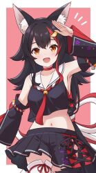 1girl animal_ear_fluff animal_ears bare_shoulders black_hair black_skirt black_sleeves border breasts choker collarbone commentary_request cowboy_shot crop_top cross-laced_slit detached_sleeves flipped_hair hair_ornament hairclip highres hololive kouhaku_nawa long_hair looking_at_viewer low-tied_long_hair midriff minazuki_mizu multicolored_hair navel ookami_mio ookami_mio_(1st_costume) open_mouth outside_border pink_background red_choker red_hair rope sailor_collar salute shimenawa skirt small_breasts smile solo standing stomach streaked_hair tail thighhighs virtual_youtuber white_border white_sailor_collar white_thighhighs wolf_ears wolf_girl wolf_tail