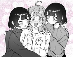 3girls ahoge blush clone commentary_request fingernails girl_sandwich greyscale_with_colored_background hand_on_another&#039;s_shoulder heart heart-shaped_pupils highres hug hyaluron_&amp;_daruma jewelry koharu_and_minato koharu_suzumura long_fingernails long_hair long_sleeves minato_matsuki multiple_girls pink_background puckered_lips ring sandwiched smile sweater symbol-shaped_pupils wedding_ring wife_and_wife wolf_cut yuri