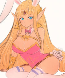 1girl animal_ears blonde_hair blue_eyes bow bowtie breasts circlet detached_collar earrings fake_animal_ears fake_tail female garter_straps jewelry large_breasts leotard long_hair looking_at_viewer nintendo omiza_somi pink_leotard playboy_bunny princess_zelda rabbit_ears rabbit_tail tail the_legend_of_zelda the_legend_of_zelda:_a_link_between_worlds thighhighs triforce triforce_earrings zelda_(a_link_between_worlds)
