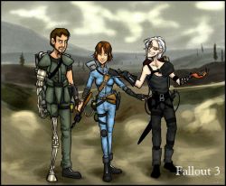 1girl 2boys albino armor armored_101_jumpsuit beard brown_eyes brown_hair combat_armor cyborg deathclaw_gauntlet explosive facial_hair fallout fallout_3 fang gatling_lazer gauntlets grenade grin gun heterochromia jumpsuit leather_rebel long_hair multiple_boys mutant no_dogmeat original pink_eyes post-apocalypse power_fist rifle scar shishkebab shotgun smile sniper_rifle submachine_gun sunglasses vault_jumpsuit_(fallout_3) vault_suit wasteland weapon white_hair