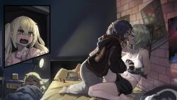 4girls abs absurdres bed belle_(zenless_zone_zero) blonde_hair blue_hair blush breasts brick_wall caesar_king_(zenless_zone_zero) closed_eyes commission commissioner_upload hand_on_another&#039;s_head highres kiss large_breasts luciana_de_montefio multiple_girls non-web_source paintrfiend piper_wheel prosthesis prosthetic_arm sleeping sleepwear twintails yuri zenless_zone_zero