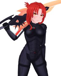 absurdres armor breasts brown_eyes claymore_(sword) commander_shepard commander_shepard_(female) commander_shepard_(female)_(cosplay) cosplay crossover energy_sword highres honkai_(series) honkai_impact_3rd kwaiiego large_breasts long_hair mass_effect_(series) mass_effect_1 murata_himeko n7_armor omnitool red_hair scar scar_on_face science_fiction sidelocks sword weapon