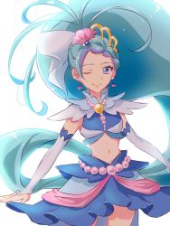1girl ahoge aqua_hair blue_eyes blue_skirt commentary crop_top cure_mermaid detached_sleeves earrings english_commentary eyelashes fpminnie1 go!_princess_precure hair_ornament highres jewelry kaidou_minami long_hair long_sleeves looking_at_viewer magical_girl midriff miniskirt multicolored_hair navel one_eye_closed parted_bangs pleated_skirt ponytail precure purple_hair simple_background sketch skirt solo streaked_hair two-tone_hair very_long_hair white_background white_sleeves