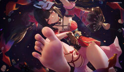 1girl barefoot black_gloves black_hair detached_sleeves dress feet foot_focus fox_mask from_below gloves highres honkai:_star_rail honkai_(series) icecake long_hair mask mask_on_head panties pink_panties red_dress short_sleeves solo sparkle_(honkai:_star_rail) twintails underwear