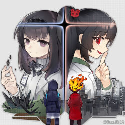 2girls 2others arknights black_coat black_hair black_hairband brown_hair carmen_(project_moon) clock coat dante_(limbus_company) doctor_(arknights) fire flaw_eight hairband high_ponytail hood hood_up hooded_coat jacket lapels limbus_company long_hair looking_at_viewer multiple_girls multiple_others notched_lapels object_head open_mouth ponytail priestess_(arknights) project_moon red_coat red_eyes sidelocks smile sweater white_jacket white_sweater