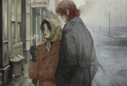 1girl 1other aegyo_sal after_rain arm_up black_coat black_gloves black_hair brown_eyes building cigarette coat cowl fog glasses gloves hand_on_own_elbow hands_in_pockets highres holding holding_cigarette lamppost low_ponytail original people ponytail red_coat red_hair road short_hair sign smoking sonaireeart standing street trash_can