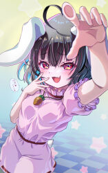 1girl against_fourth_wall animal_ears black_hair blush breasts carrot_necklace checkered_floor commentary cowboy_shot dress fang floppy_ears frilled_sleeves frills hair_between_eyes highres inaba_tewi jewelry looking_at_viewer medium_breasts mesugaki necklace open_mouth pink_dress puffy_short_sleeves puffy_sleeves rabbit_ears rabbit_girl rabbit_tail red_eyes ribbon-trimmed_dress ribbon_trim rouge_(my_rouge) short_hair short_sleeves skin_fang smile solo speech_bubble standing star_(symbol) tail tile_floor tiles touhou translation_request