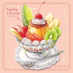apple apple_slice banana banana_slice bowl cherry food food_focus food_name fruit ice_cream kiwi_(fruit) kiwi_slice may_illust5 melon melon_slice no_humans original pudding pudding_a_la_mode spoon still_life