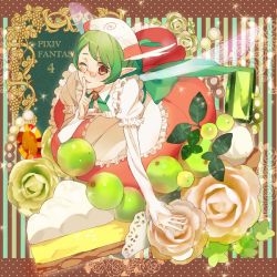 1girl apron brown_eyes cake copyright_name fairy fairy_wings female_focus finger_to_mouth flower food gem glasses green_hair index_finger_raised nishihara_isao one_eye_closed pixiv_fantasia pixiv_fantasia_4 pointy_ears shushing solo wings