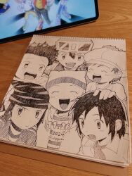 1girl 5boys brothers digimon digimon_frontier hat himi_tomoki jacket kanbara_takuya kimura_kouichi minamoto_kouji multiple_boys orimoto_izumi shibayama_junpei siblings toei_animation traditional_media twins