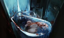 1boy bathroom bathtub blood blood_from_mouth blood_on_body blood_on_face blood_splatter blue_eyes blue_hair death guro highres horror_(theme) huli_xiaobai in_bathtub intestines jujutsu_kaisen long_hair looking_at_viewer mahito_(jujutsu_kaisen) mermaid monster_girl solo stitched_face stitches