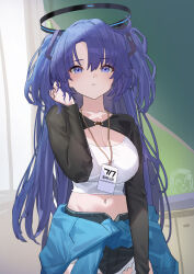 1girl :&lt; absurdres black_halo black_shorts blue_archive blue_jacket breasts chalkboard classroom cleavage closed_mouth clothes_around_waist commentary crop_top cutoffs denim denim_shorts doodle_sensei_(blue_archive) english_commentary hair_ornament halo hand_in_own_hair highres id_card indoors jacket jacket_around_waist korean_text lanyard large_breasts long_hair long_sleeves looking_at_viewer mechanical_halo micro_shorts midriff navel purple_eyes purple_hair sensei_(blue_archive) shirt shorts shrug_(clothing) solo translation_request two_side_up very_long_hair white_shirt yoco0917 yuuka_(blue_archive)
