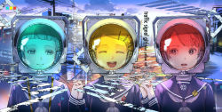 3girls blue_nails blunt_bangs caution cherico closed_eyes closed_mouth cloud cloudy_sky english_text fingernails hair_ornament hairclip holding_hands looking_at_another multiple_girls nail_polish open_mouth original outdoors parted_lips red_nails road_sign school_uniform short_hair sign sky smile stop_sign teeth traffic_light upper_body upper_teeth_only yellow_nails