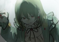 Rule 34 | 1girl, backlighting, black ribbon, cerevevisiae, clenched hand, earrings, facing down, frilled jacket, frilled shirt, frilled shirt collar, frills, furrowed brow, green eyes, green hair, green jacket, grimace, half-closed eyes, hand on wall, highres, idol, idol clothes, idolmaster, idolmaster shiny colors, jacket, jewelry, long hair, looking down, nanakusa nichika, neck ribbon, red nails, red pupils, ribbon, shirt, solo, tearing up, upper body, white background, white shirt
