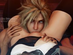 Rule 34 | 1boy, 1girl, 3d, black skirt, black thighhighs, blonde hair, blue eyes, breasts, breasts out, clothes lift, cloud strife, crotch, cunnilingus, female pov, final fantasy, final fantasy vii, final fantasy vii remake, hand on another&#039;s leg, hand on another&#039;s thigh, head between thighs, hetero, highres, looking at viewer, nipple stimulation, nipple tweak, nipples, oral, pov, pussy bulge, ria-neearts, sex, skirt, spiked hair, square enix, suspenders, tank top, thighhighs, thighs, tifa lockhart, twitter username, white tank top