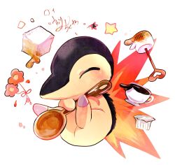 animal_focus banchiku closed_eyes closed_mouth coffee commentary_request creamer_packet cyndaquil fire flower food gen_2_pokemon highres holding marshmallow nintendo no_humans pokemon pokemon_(creature) spoon star_(symbol) sugar_cube white_background