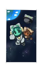 Rule 34 | 2girls, animal hat, anzu yoshihiro, astronaut, bell, border, brown hair, cat hat, chibi, dejiko, di gi charat, earth (planet), full body, hat, highres, holding hands, jitome, multiple girls, neck bell, open mouth, planet, puchiko, space, star (sky), ufo, white border