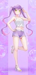 1girl absurdres bare_shoulders breasts bubble closed_mouth collarbone ear_piercing earclip fingernails green_eyes green_nails hair_ornament hairclip hand_on_own_hip heart heart_tattoo highres hololive leg_tattoo long_hair midriff multicolored_hair nail_polish navel navel_piercing piercing pink_background pink_hair pink_lips pink_nails pink_shorts purple_hair salute shoes shorts side_slit side_slit_shorts smile solo spiked_ear_piercing standing standing_on_one_leg stomach tank_top tattoo thighs tokoyami_towa twintails twitter_username two-tone_hair virtual_youtuber wajuniorbox white_shoes white_tank_top