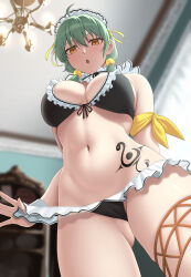 1girl :o abs absurdres ahoge alternate_costume alternate_hairstyle armband bikini bikini_pull black_bikini blurry blurry_background breasts cabinet cameltoe chandelier choker cleavage clothes_pull commentary day detached_collar enmaided fishnet_thigh_strap frilled_bikini frilled_choker frills from_below gluteal_fold green_hair hair_bobbles hair_ornament highres hikage_(senran_kagura) hip_tattoo indoors large_breasts light_blush looking_down low_twintails maid maid_bikini maid_headdress medium_hair navel pulling_own_clothes senran_kagura skindentation slit_pupils snake_tattoo solo swimsuit tattoo toned toned_female twintails unconventional_maid wrist_cuffs yellow_eyes zib_(boriku)
