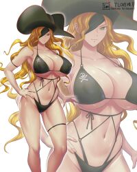 Rule 34 | 1girl, absurdres, bare shoulders, big hair, bikini, black bikini, blonde hair, blue eyes, breasts, cleavage, collarbone, eyepatch, full body, hat, hat over eyes, highleg, highleg bikini, highres, large breasts, long hair, looking at viewer, marvel vs. capcom, marvel vs. capcom 2, navel, pirate, pirate hat, ruby heart, simple background, smile, solo, stomach, string bikini, swimsuit, tomo eokaiteru, tricorne, white background, zoom layer