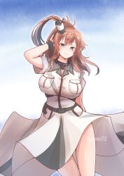 Rule 34 | 1girl, 702 (naotsu), absurdres, anchor choker, black gloves, blue eyes, breasts, brown hair, cowboy shot, dress, gloves, highres, kantai collection, large breasts, long hair, looking at viewer, open mouth, ponytail, saratoga (kancolle), saratoga mk ii (kancolle), side ponytail, smile, solo, white dress