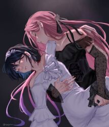 2girls alien_stage alternate_costume arm_around_waist black_dress black_hair black_ribbon black_sleeves blood blood_on_neck closed_eyes commentary detached_sleeves dress earrings english_commentary flower flower_hairband hair_ribbon hairband highres jewelry lace_sleeves long_hair mizi_(alien_stage) multicolored_hair multiple_girls off-shoulder_dress off_shoulder pearl_earrings pink_hair purple_hair ribbon sanjiixx short_hair sua_(alien_stage) two-tone_hair very_long_hair white_dress white_flower white_hairband yuri