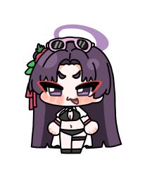 1girl bikini blue_archive chibi eyeshadow eyewear_on_head fang flower full_body hair_flower hair_ornament halo highres hime_cut long_hair makeup official_alternate_costume pink_flower purple_hair purple_halo red_eyeshadow skin_fang solo swimsuit thigh_strap yukari_(blue_archive) zeroku77
