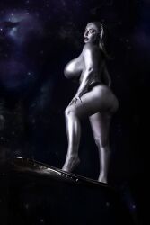1girl ass bishoujomom bodypaint breasts cosplay curvy fantastic_four grey_hair highres huge_ass large_breasts long_hair looking_ahead makeup marvel marvel_cinematic_universe parted_lips photo_(medium) real_life revealing_clothes shiny_skin silver_surfer_(shalla-bal) silver_surfer_(shalla-bal)_(cosplay) surfboard wide_hips