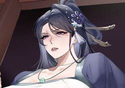 1girl black_hair facial_mark forehead_mark hair_ornament highres jewelry long_hair looking_down lumc necklace original parted_lips ponytail purple_eyes solo teeth upper_body