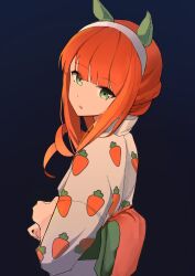 1girl animal_ears blunt_bangs carrot_print ch2haya_p commentary ear_covers food_print from_side gradient_background green_eyes hairband horse_ears horse_girl japanese_clothes kimono long_hair looking_at_viewer looking_to_the_side obi orange_hair parted_lips print_kimono sash silence_suzuka_(umamusume) solo symbol-only_commentary umamusume upper_body white_hairband white_kimono