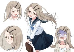 1girl bag bespectacled blonde_hair blue_neckerchief blue_sailor_collar blue_skirt blush brown_jacket camisole collarbone colored_eyelashes cropped_legs dot_nose drooling earrings flipped_hair floating_clothes floating_hair gakuen_idolmaster glasses gloom_(expression) hair_ornament hairclip highres holding holding_bag idolmaster jacket jewelry long_hair long_skirt long_sleeves looking_at_viewer messy_hair multiple_views neckerchief open_clothes open_jacket open_mouth orange_eyes osoba_susurukun pleated_skirt round_eyewear sailor_collar school_bag school_uniform serafuku shinosawa_hiro simple_background single_off_shoulder skirt smile upturned_eyes v-shaped_eyebrows wavy_mouth white_background white_camisole white_serafuku