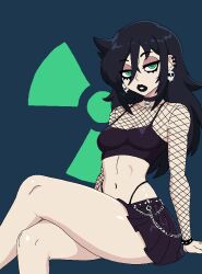 1girl arm_support black_choker black_hair black_lips black_skirt black_tank_top bracelet breasts brown_eyeshadow chain choker cleavage commentary crop_top crossed_legs ear_piercing earrings english_commentary eyeshadow fishnet_sleeves fishnet_top fishnets green_eyes hair_between_eyes heart heart-shaped_pupils highleg highleg_panties jewelry kuroki_tomoko lipstick looking_at_viewer makeup mascara medium_hair messy_hair miniskirt navel nevtelen panties parted_lips piercing radiation_symbol sidelocks sitting skirt skull skull_choker skull_earrings small_breasts solo spaghetti_strap spiked_bracelet spikes symbol-shaped_pupils tank_top underwear watashi_ga_motenai_no_wa_dou_kangaetemo_omaera_ga_warui!