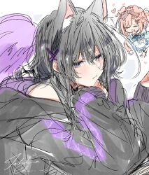 2girls animal_ears asanagi_yori black_hair black_jacket blue_dress blue_eyes brown_hair cat_ears cat_girl closed_eyes commentary dog_ears dog_girl dog_tail dress hair_between_eyes heart jacket kemonomimi_mode kino_himari long_hair long_sleeves multiple_girls open_mouth sasayaku_you_ni_koi_wo_utau sidelocks signature tail takeshima_eku