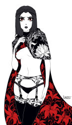 1girl black_hair black_panties black_thighhighs breasts cape floral_print garter_straps hand_up highres long_hair looking_at_viewer ltstry medium_breasts monochrome navel no_bra panties parted_lips print_cape red_eyes serana signature simple_background solo spot_color the_elder_scrolls the_elder_scrolls_v:_skyrim thighhighs underwear white_background