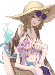 Rule 34 | 2girls, 8ka43, absurdres, animal ear fluff, animal ears, aqua nails, arknights, breast rest, breasts, breasts on head, brown hair, collarbone, commentary, cup, eyewear on head, fang, hair ornament, hairclip, hat, highres, holding, holding cup, ice, jewelry, kirara (arknights), kirara (trendsetting player) (arknights), large breasts, looking at viewer, medium hair, multiple girls, necklace, open mouth, outdoors, phone, pink hair, round eyewear, sidelocks, skin fang, slit pupils, solo, sun hat, swimsuit, utage (arknights), utage (summer flowers) (arknights), white background