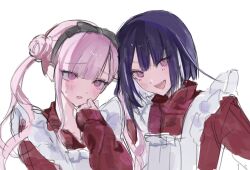 1boy 1girl apron black_bow blush bow brother_and_sister crossdressing eyelashes hair_bow hand_up highres looking_at_viewer maid maid_apron matching_outfits open_mouth pink_eyes pink_hair purple_hair siblings simple_background teeth the_hundred_line_-last_defense_academy- tongue tsukumo_ima tsukumo_kako twins upper_body upper_teeth_only white_background