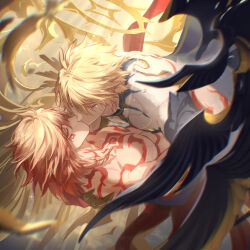 2boys alternate_form arm_tattoo asymmetrical_wings black_shirt black_wings blonde_hair braid chest_tattoo cracked_skin facial_tattoo gradient_hair hair_between_eyes halo halo_behind_head hand_on_another&#039;s_back hashtag-only_commentary highres honkai:_star_rail honkai_(series) kiss male_focus material_growth medium_hair multicolored_hair multiple_boys mydei_(honkai:_star_rail) nlllllllll0216 phainon_(honkai:_star_rail) red_hair red_tattoo shirt short_hair side_braid tattoo tears topless_male torn_clothes torn_shirt wings yaoi yellow_blood yellow_eyes yellow_wings