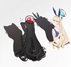 2girls ailushin animal_ears ass backless_leotard black_hair blonde_hair blue_archive blue_leotard braid breasts cat hair_ornament half_up_braid halo highres leotard long_hair meme multiple_girls playboy_bunny rabbit_ears rio_(blue_archive) shadow sideboob sitting thighhighs toki_(blue_archive) toki_(bunny)_(blue_archive) white_background white_thighhighs