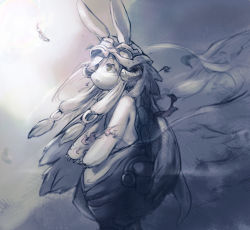 1other absurdres animal_ears commentary_request feathers furry helmet highres horizontal_pupils looking_away made_in_abyss muted_color nanachi_(made_in_abyss) other_focus pants parted_lips puffy_pants smoke solo standing tomii_(tomp_son) topless_other whiskers