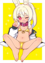 1girl ;d animal_ear_fluff animal_ears barefoot belt_collar bikini blonde_hair blue_hair border breasts collar commentary etrian_odyssey fang front-tie_bikini_top front-tie_top gold_bikini heart heart-shaped_pupils highres jacket long_hair long_sleeves looking_at_viewer masurao_(sekaiju) masurao_2_(sekaiju) multicolored_hair naga_u navel off_shoulder one_eye_closed open_clothes open_jacket open_mouth ponytail puffy_long_sleeves puffy_sleeves rabbit_ears rabbit_girl red_collar red_eyes sekaiju_no_meikyuu sekaiju_no_meikyuu_5 simple_background small_breasts smile solo sparkle spread_legs streaked_hair swimsuit symbol-shaped_pupils thick_eyebrows two-tone_hair v white_border white_jacket yellow_background