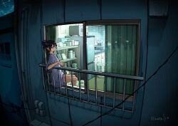 1girl air_conditioner artist_name balcony black_hair cable cigarette city_lights cityscape curtains dark glasses gundam gundam_gquuuuuux hair_bun highres hospital hospital_gown indoors industrial_pipe looking_outside nao1524 night no_pants nyaan_(gundam_gquuuuuux) open_window oversized_clothes oversized_shirt purple_hair railing scenery shirt short_sleeves signature single_hair_bun sitting sky smoking solo t-shirt window wire
