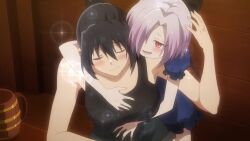 2girls anemone_(kizetsu_yuusha) animated anime_screenshot black_hair black_ribbon black_shirt blue_dress breasts ciel_(kizetsu_yuusha) closed_eyes collarbone dress drunk hair_over_one_eye hair_ribbon hand_on_another&#039;s_chest highres hug hug_from_behind kizetsu_yuusha_to_ansatsu_hime large_breasts multiple_girls ponytail red_eyes ribbon shirt short_hair sleeveless sleeveless_shirt smile sound tagme video white_hair