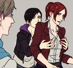 Rule 34 | 3girls, age difference, belt, black hair, blue eyes, blush, breasts, brown hair, claire redfield, crossover, denim, elina kuroe no daarin, grabbing another&#039;s breast, groping, in-franchise crossover, long hair, moira burton, multiple girls, ponytail, resident evil, resident evil: revelations, resident evil: revelations 2, resident evil 2, resident evil 6, sherry birkin, short hair, upper body, yuri