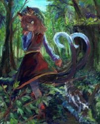 Rule 34 | 1girl, animal ears, bright pupils, brown hair, bush, canvas (medium), cat, cat ears, cat tail, chen, dress, earrings, fang, female focus, green hat, harikona, hat, high heels, jewelry, leaf, long sleeves, looking back, mixed media, mob cap, multiple tails, nekomata, oil painting (medium), open mouth, outdoors, painting (medium), parted bangs, puffy sleeves, red dress, shirt, solo, tail, touhou, traditional media, tree, two tails, white legwear, white shirt, yellow eyes, zun hat