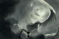 boots cloud cloudy_sky coat dual_persona feathered_wings final_fantasy final_fantasy_vii final_fantasy_vii_ever_crisis floating_hair grey_theme greyscale highres holding holding_sword holding_weapon left-handed long_hair long_sleeves male_focus masamune_(ff7) monochrome parted_hair rain reflection reflective_water riovvvvvvovo sephiroth sephiroth_(ever_crisis) single_wing sky standing sword weapon wings